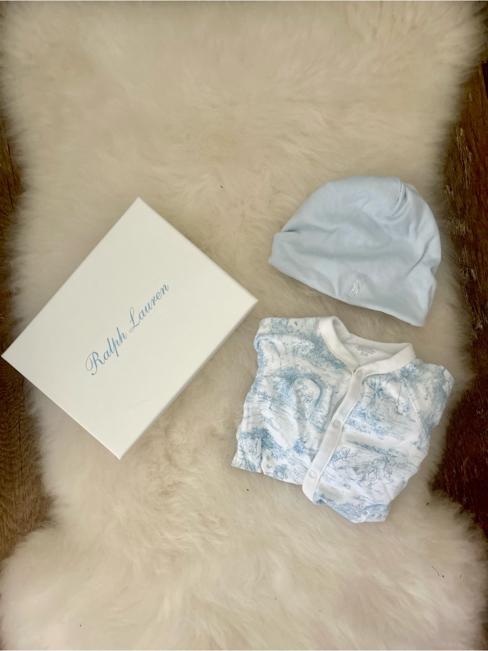 Ralph Lauren Light Blue Baby Beanie and Printed Romper